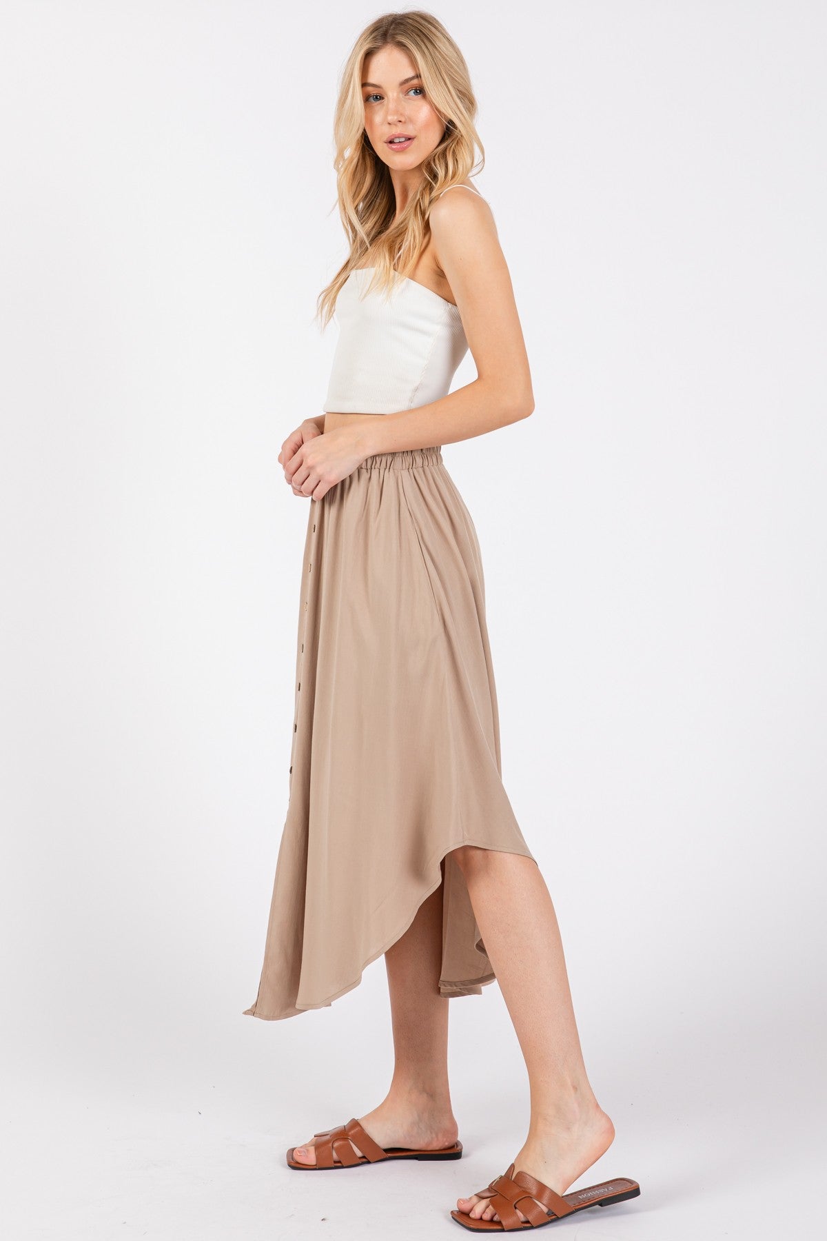 Beige Button Accent Round Hem Midi Skirt