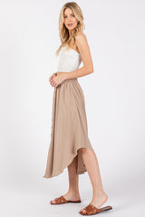 Beige Button Accent Round Hem Midi Skirt
