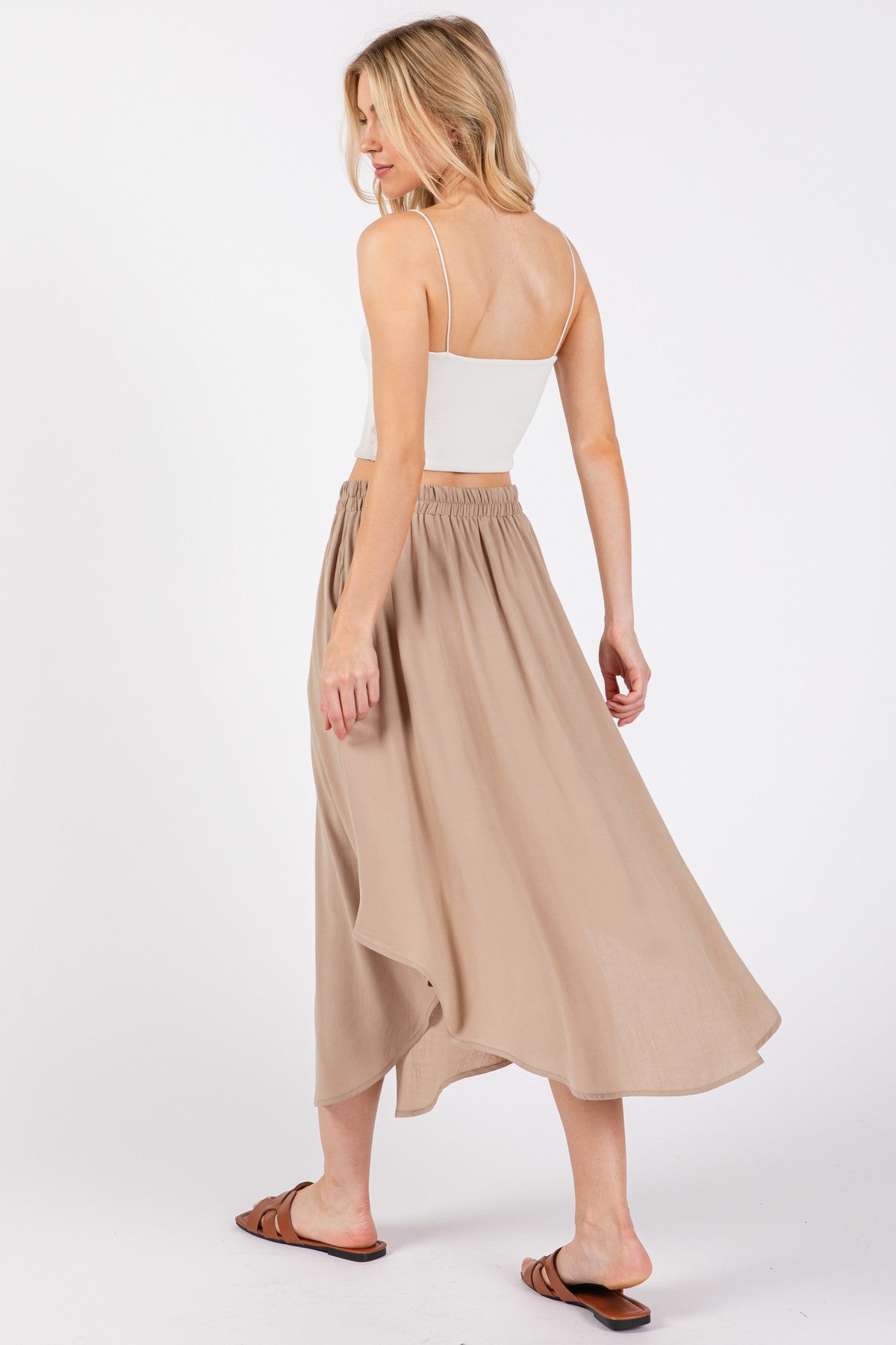 Beige Button Accent Round Hem Midi Skirt