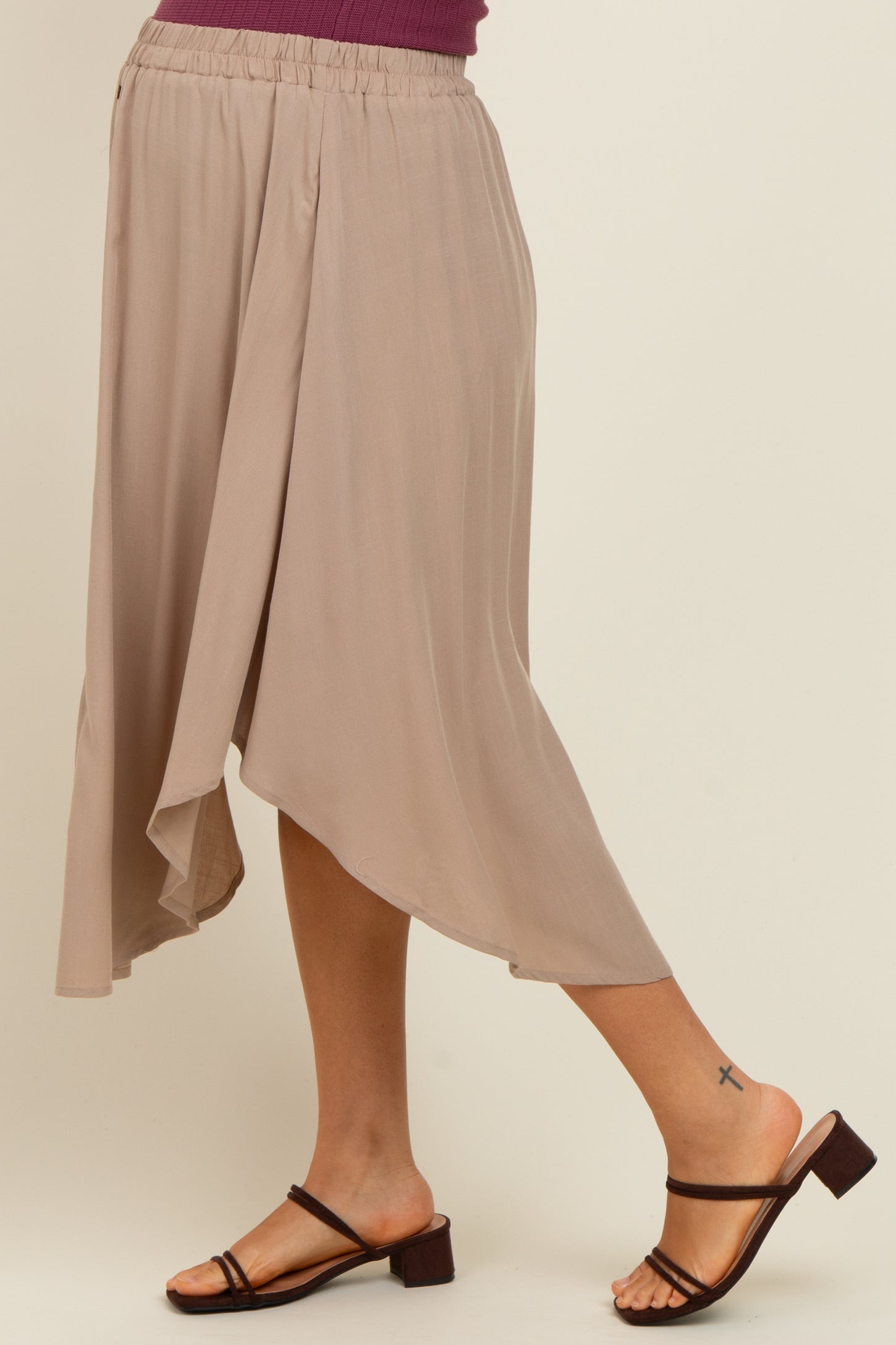 Beige Button Accent Round Hem Maternity Midi Skirt