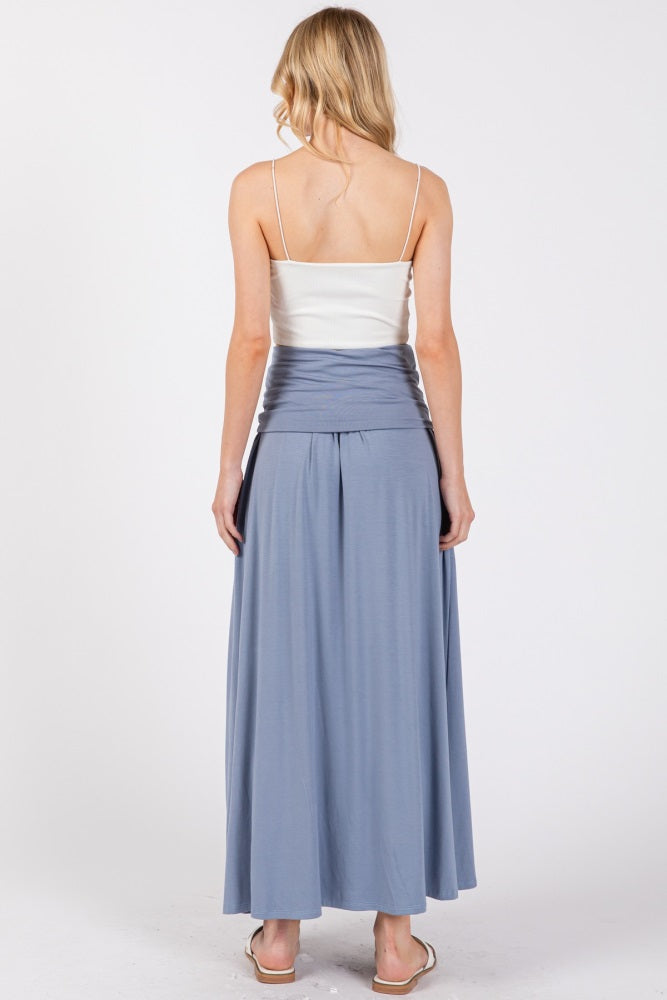 Light Blue Foldover Waist Side Slit Maxi Skirt