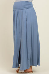 Light Blue Foldover Waist Side Slit Maternity Maxi Skirt