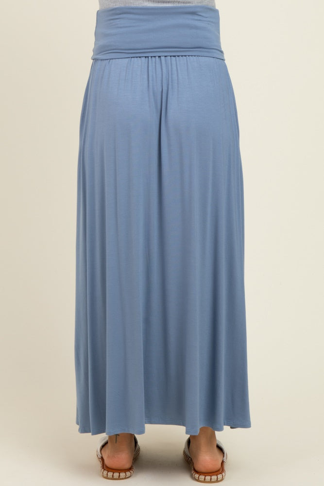 Light Blue Foldover Waist Side Slit Maternity Maxi Skirt