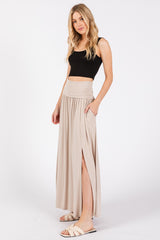 Beige Foldover Waist Side Slit Maxi Skirt