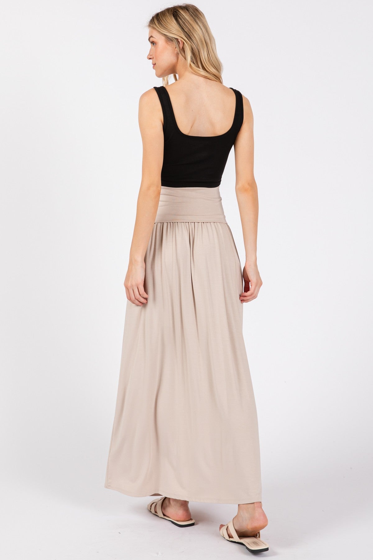 Beige Foldover Waist Side Slit Maxi Skirt