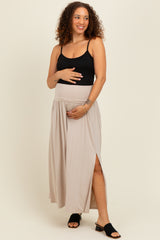 Beige Foldover Waist Side Slit Maternity Maxi Skirt