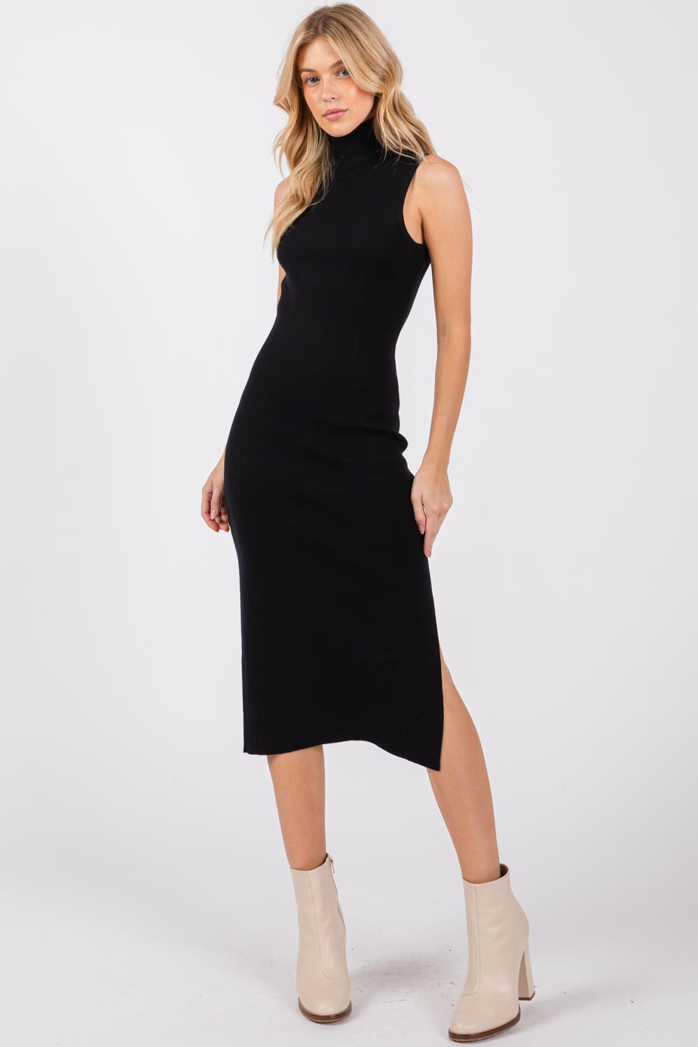 Black Knit Turtleneck Sleeveless Side Slit Maternity Midi Dress