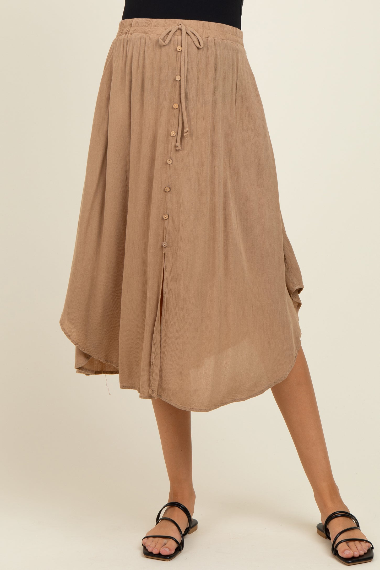 Beige Button Accent Round Hem Maternity Skirt