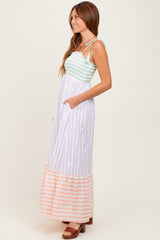 Lavender Multi-Color Striped Color Block Shoulder Tie Maxi Dress