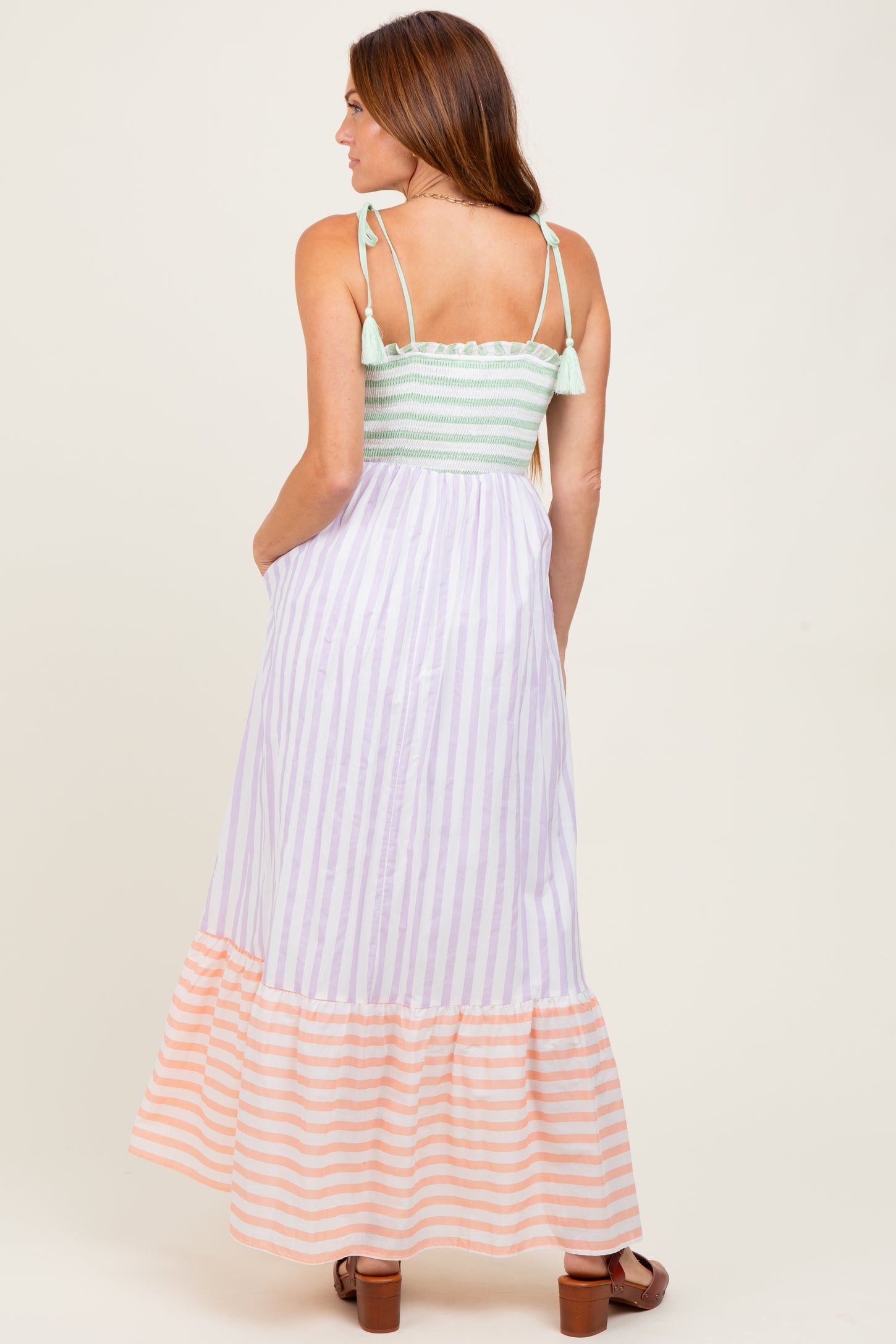 Lavender Multi-Color Striped Color Block Shoulder Tie Maxi Dress