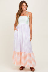 Lavender Multi-Color Striped Color Block Shoulder Tie Maternity Maxi Dress