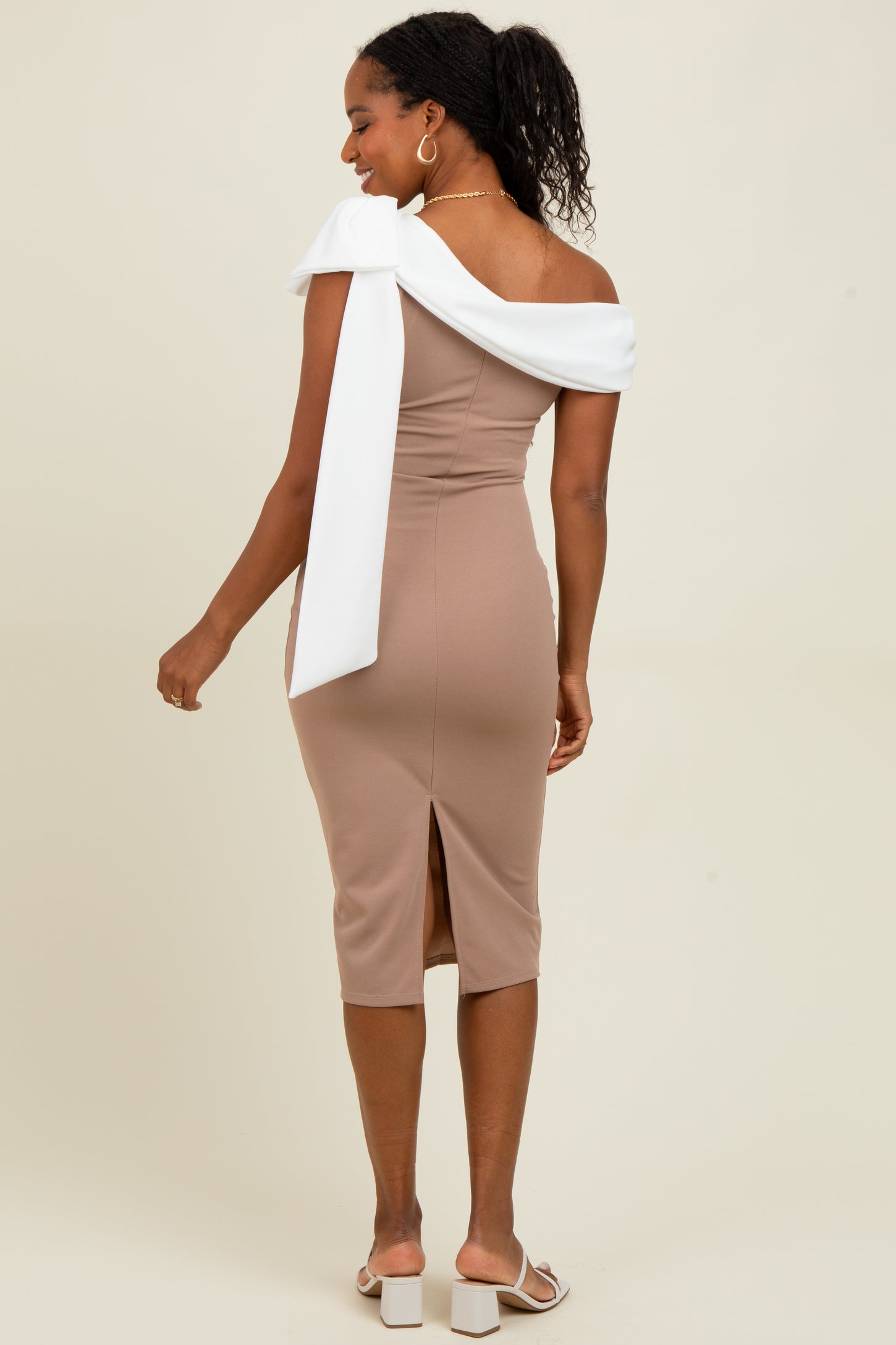 Beige Colorblock One Shoulder Draped Midi Dress