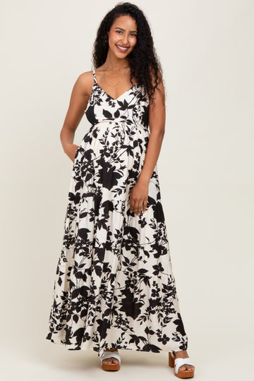 Black Floral Cutout Tie Back Maternity Maxi Dress