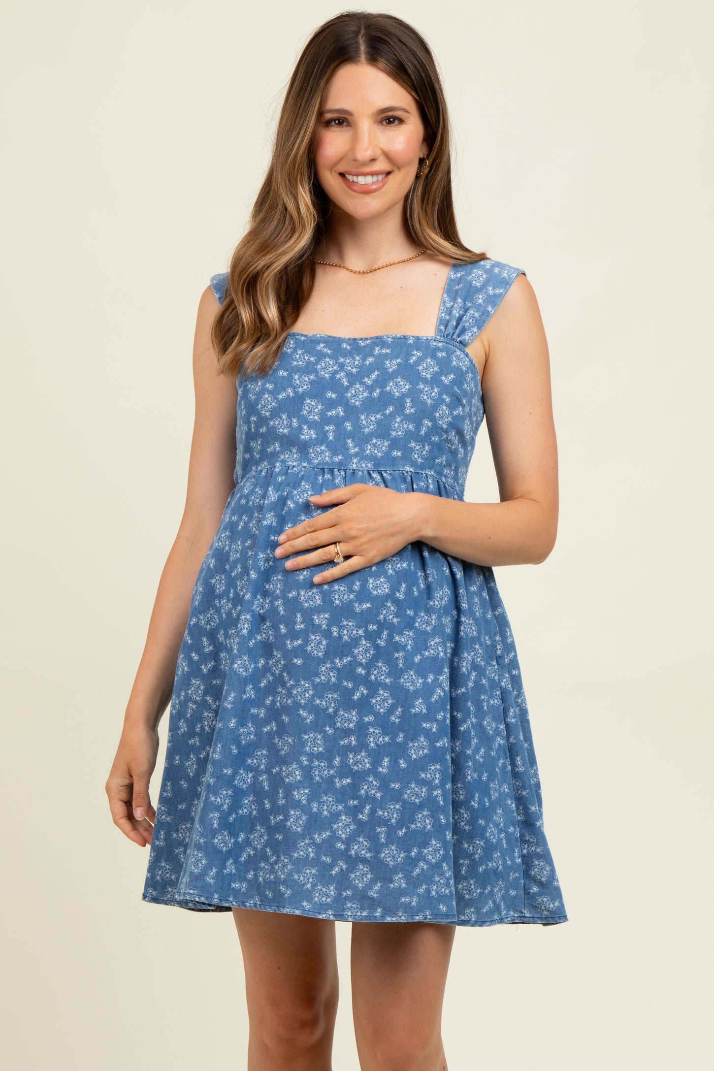 Blue Floral Chambray Maternity Mini Dress