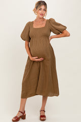 Camel Ribbed Puff Sleeve Tie Back Maternity Midi Dress