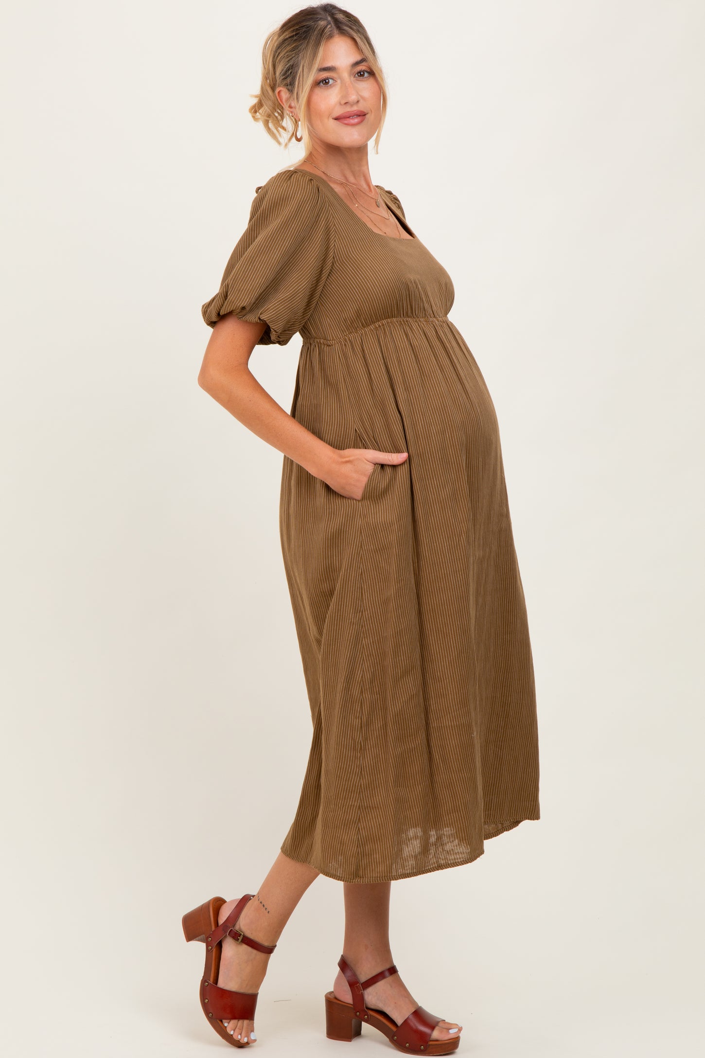 Camel Ribbed Puff Sleeve Tie Back Maternity Midi Dress