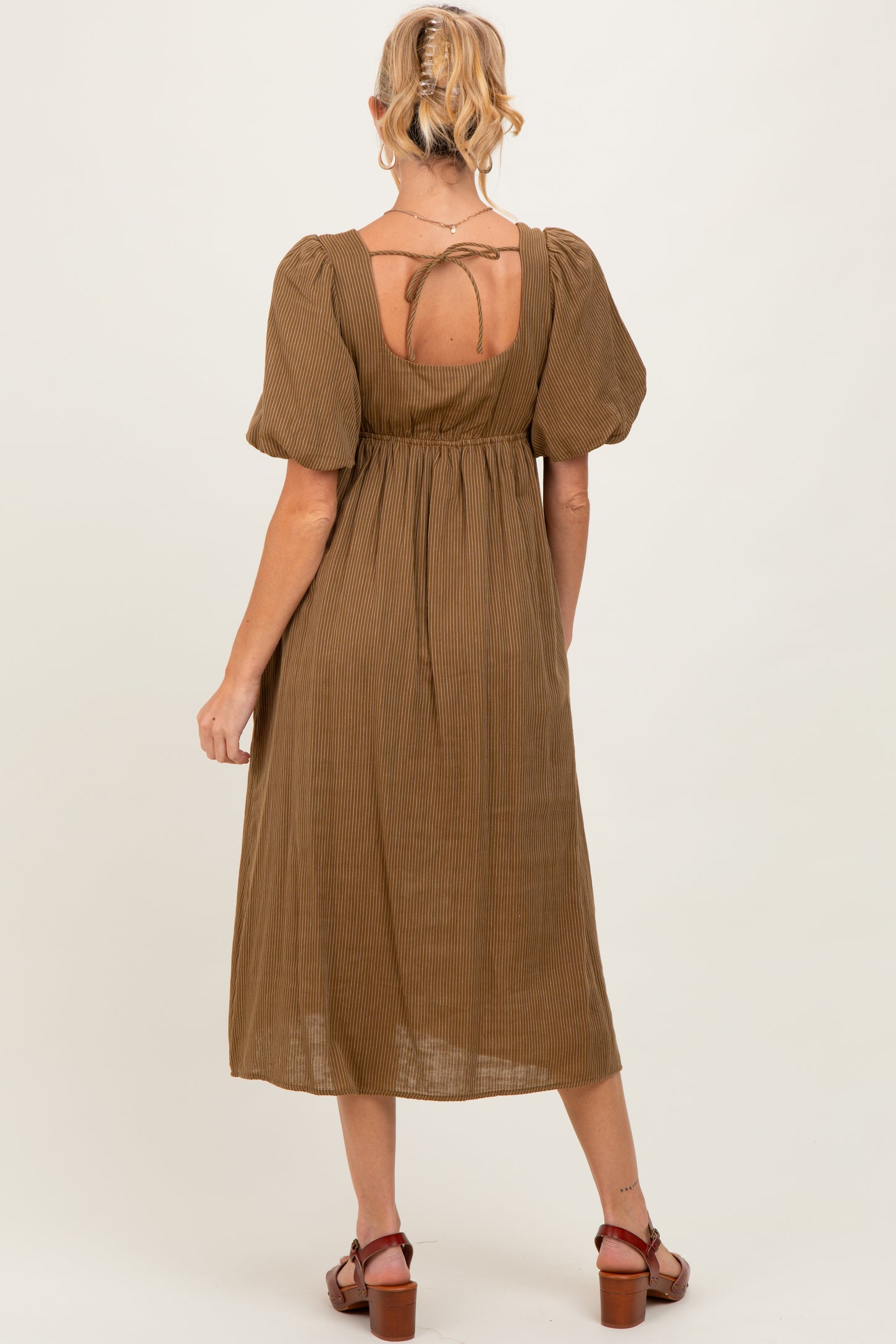 Camel Ribbed Puff Sleeve Tie Back Maternity Midi Dress