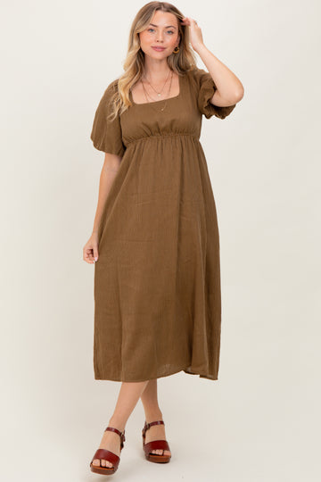 Camel Ribbed Puff Sleeve Tie Back Midi Dress