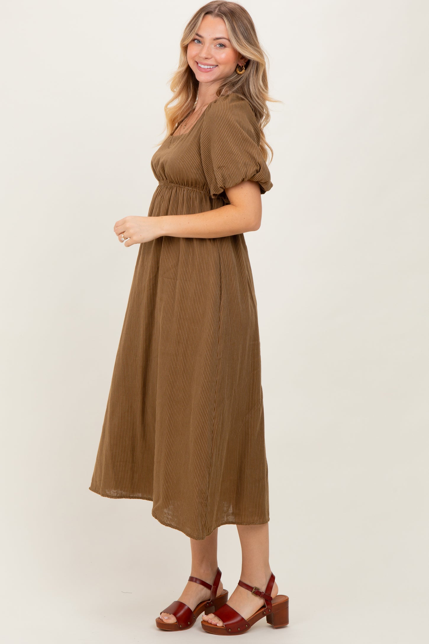 Camel Ribbed Puff Sleeve Tie Back Midi Dress