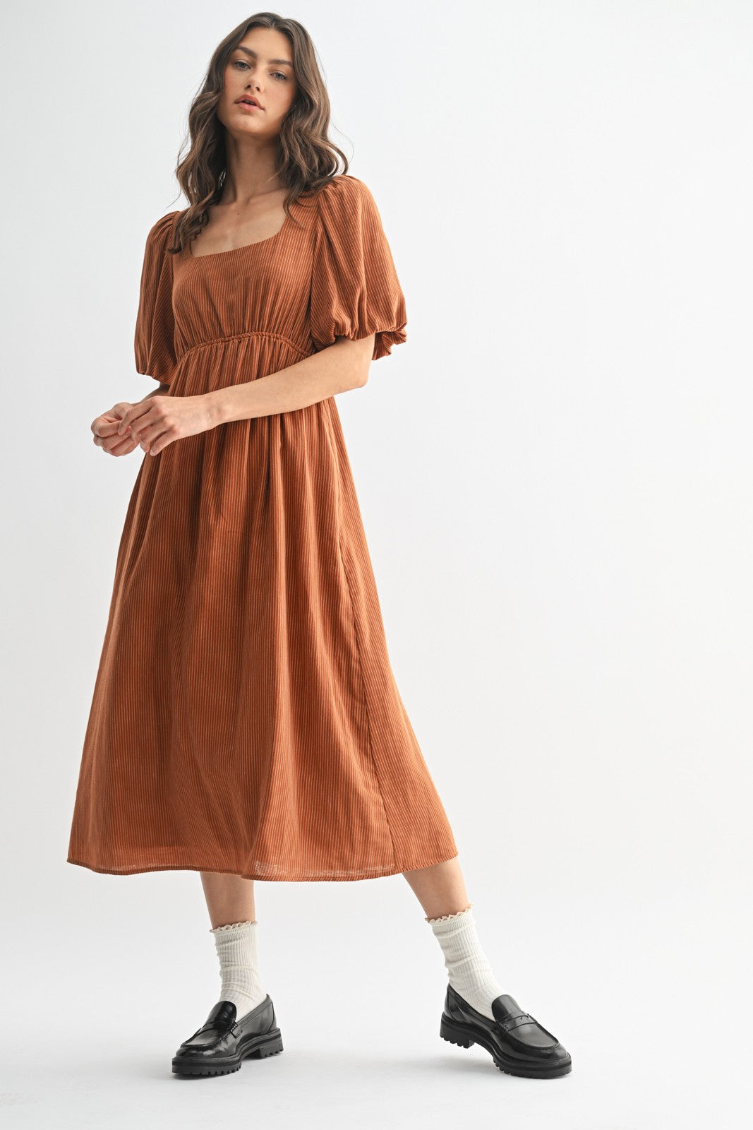 Rust Ribbed Puff Sleeve Tie Back Maternity Midi Dress
