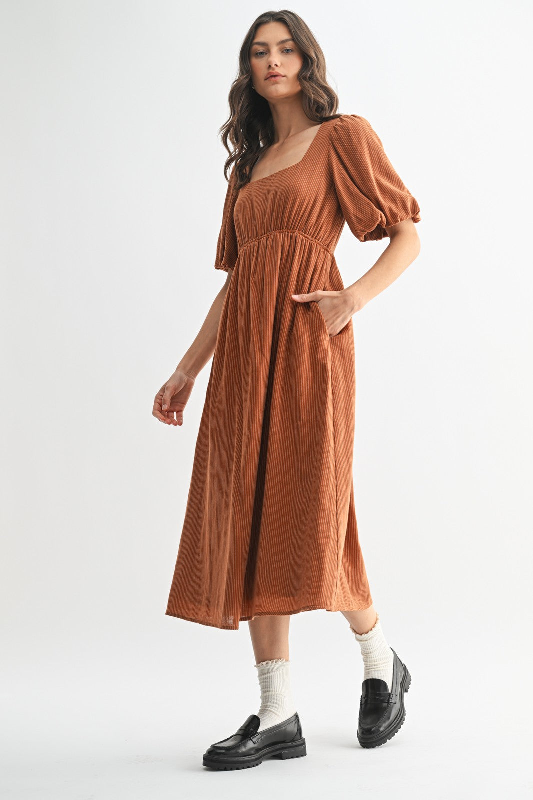 Rust Ribbed Puff Sleeve Tie Back Midi Dress