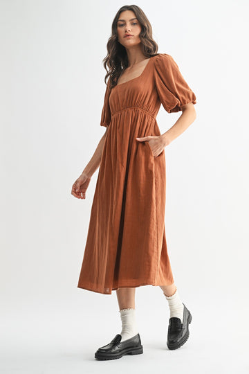 Rust Ribbed Puff Sleeve Tie Back Midi Dress