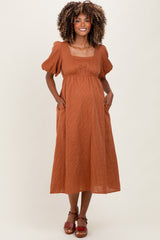 Rust Ribbed Puff Sleeve Tie Back Maternity Midi Dress
