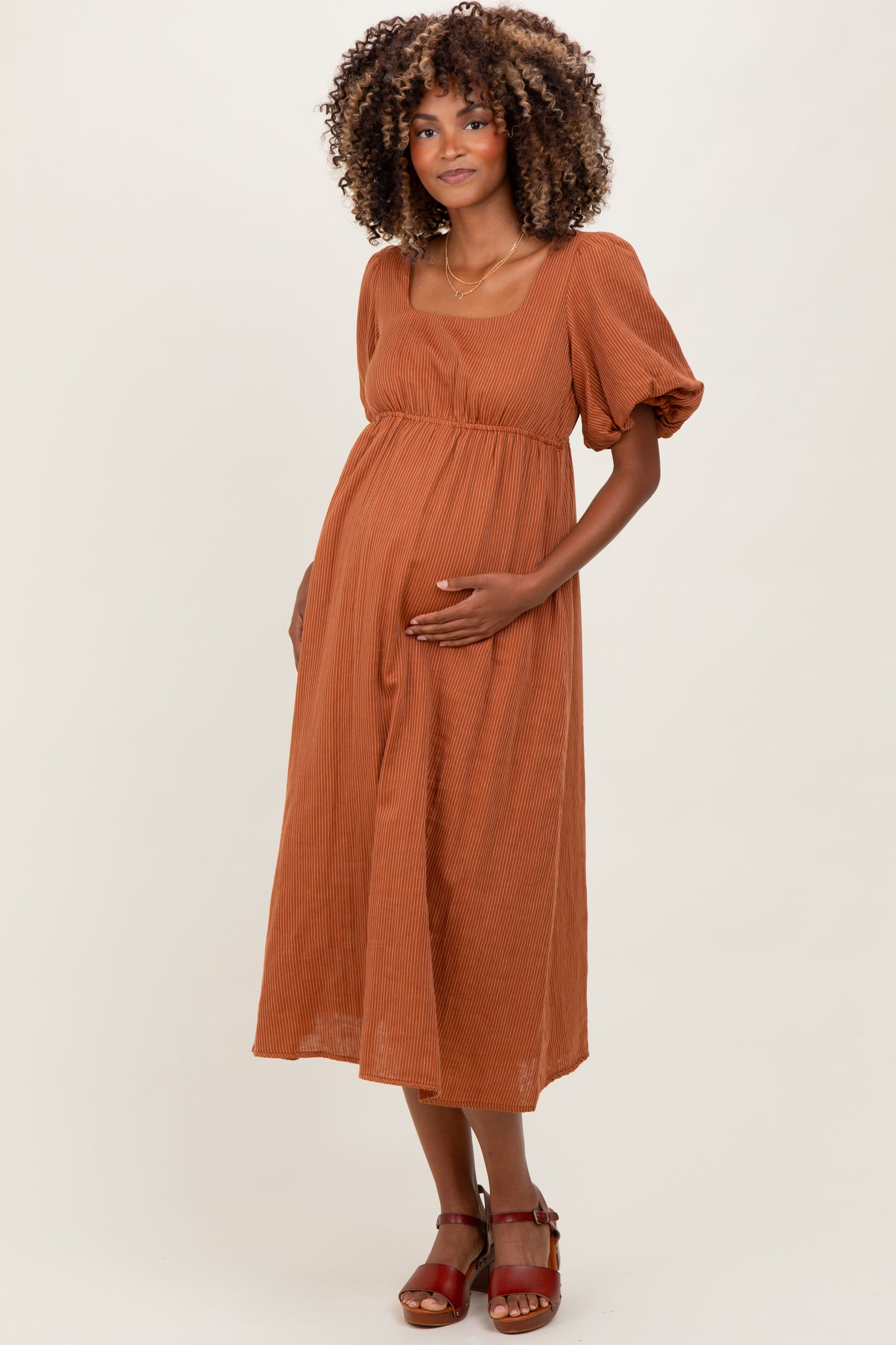 Rust Ribbed Puff Sleeve Tie Back Maternity Midi Dress