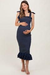 Navy Striped Smocked Shoulder Tie Maternity Mid Dress