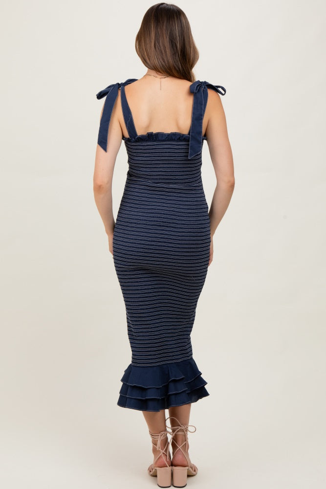 Navy Striped Smocked Shoulder Tie Maternity Mid Dress