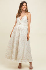 Mauve Floral Smocked Waist Ruffle Accent Maternity Midi Dress