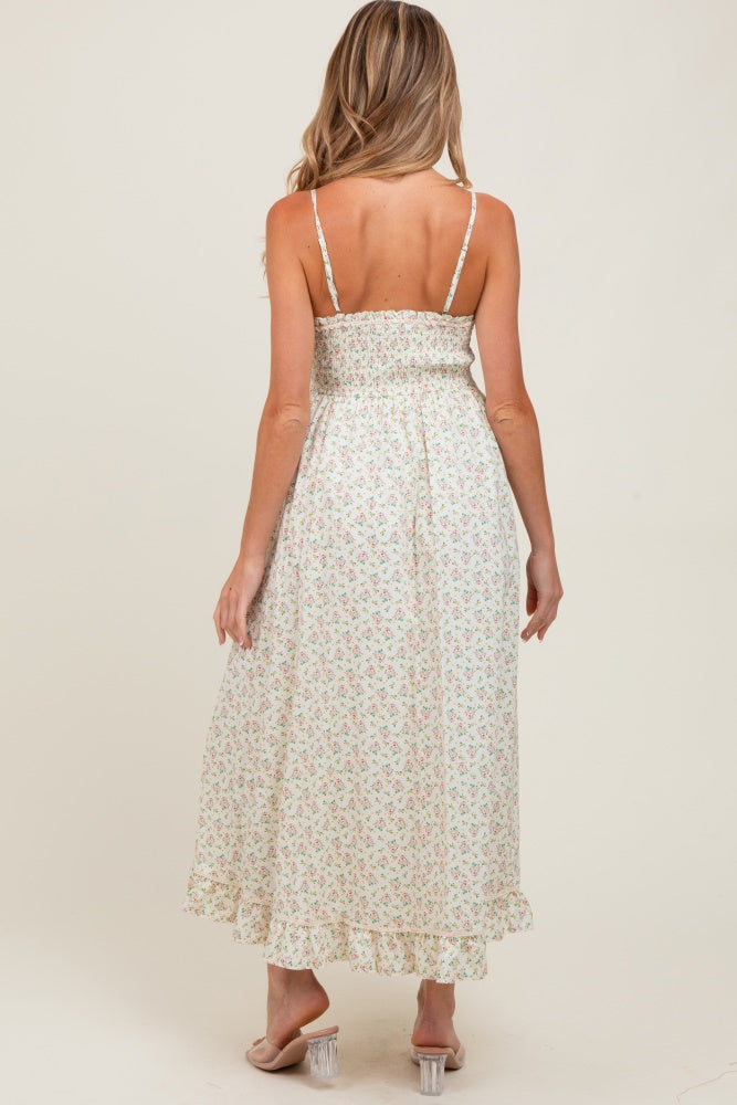 Pink Floral Smocked Waist Ruffle Accent Maternity Midi Dress