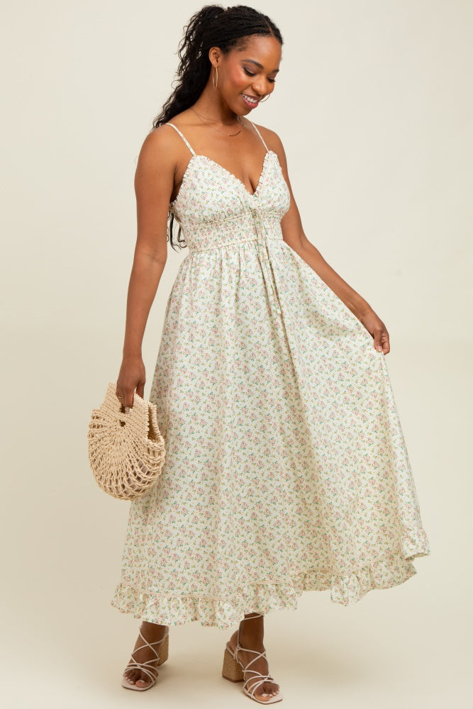 Pink Floral Smocked Waist Ruffle Accent Maternity Midi Dress