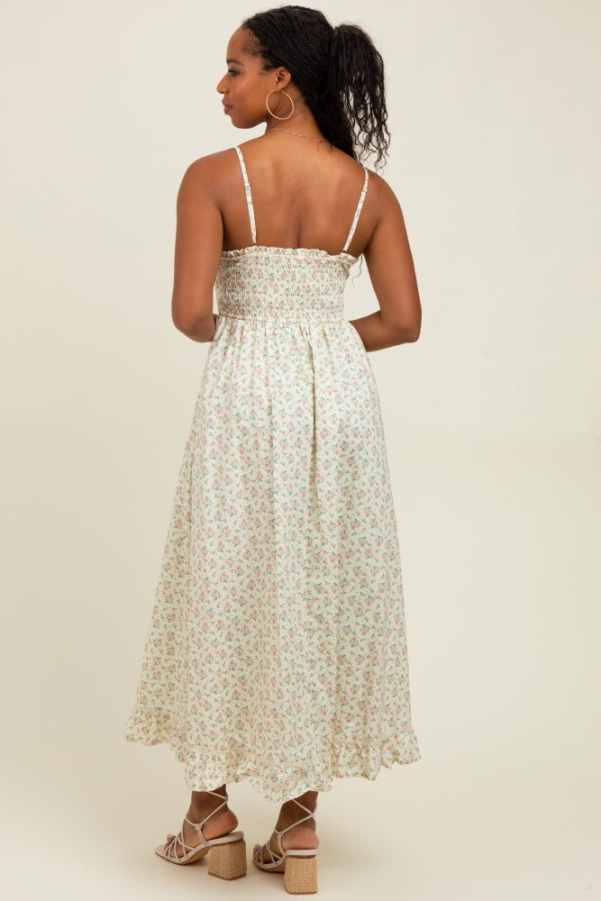 Pink Floral Smocked Waist Ruffle Accent Midi Dress