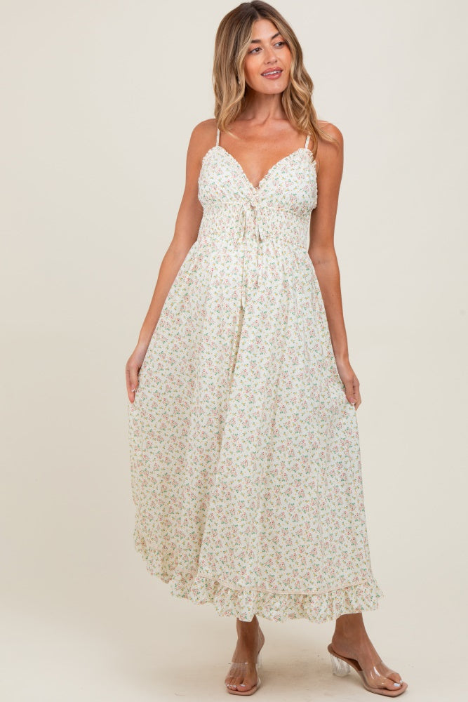 Pink Floral Smocked Waist Ruffle Accent Maternity Midi Dress