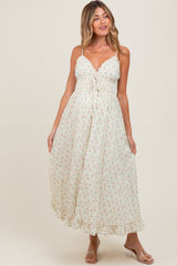 Pink Floral Smocked Waist Ruffle Accent Maternity Midi Dress