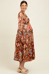 Mocha Multi Color Satin V-Neck Long Sleeve Maternity Maxi Dress