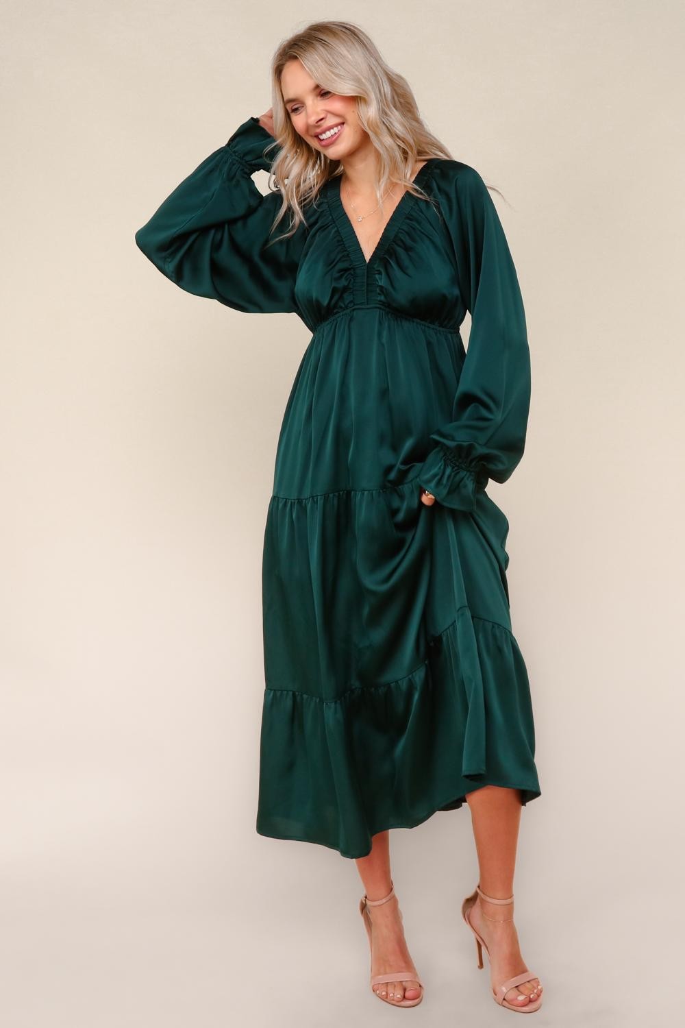Hunter Green Solid V-Neck Satin Long Sleeve Maternity Maxi Dress