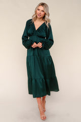 Hunter Green Solid V-Neck Satin Long Sleeve Maxi Dress