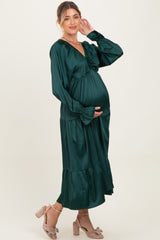 Hunter Green Solid V-Neck Satin Long Sleeve Maternity Maxi Dress