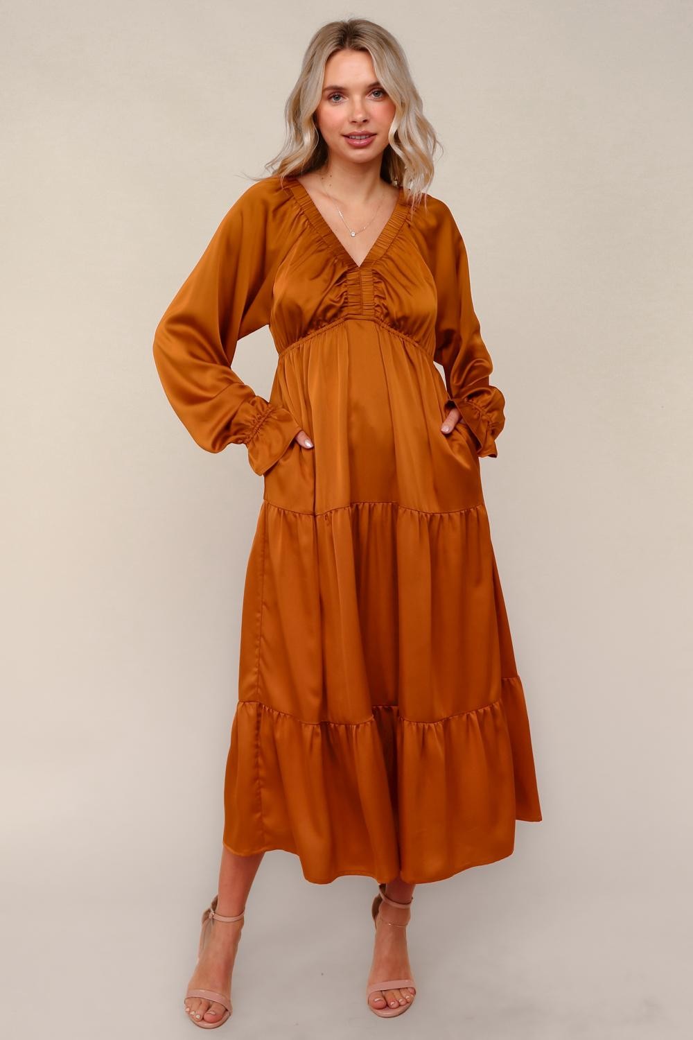 Rust Solid V-Neck Satin Long Sleeve Maternity Maxi Dress