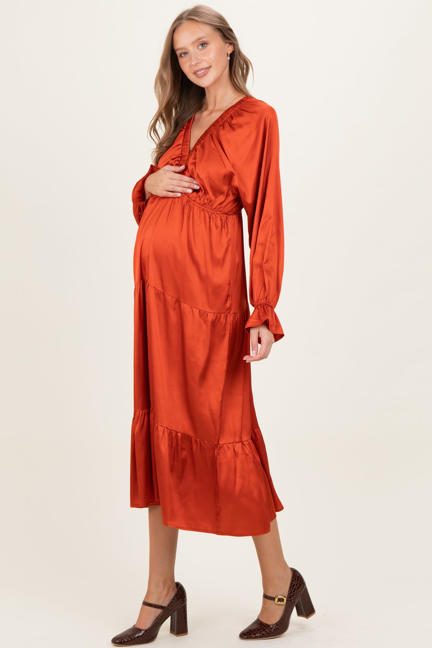 Rust Solid V-Neck Satin Long Sleeve Maternity Maxi Dress