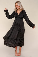 Black Solid V-Neck Satin Long Sleeve Maxi Dress