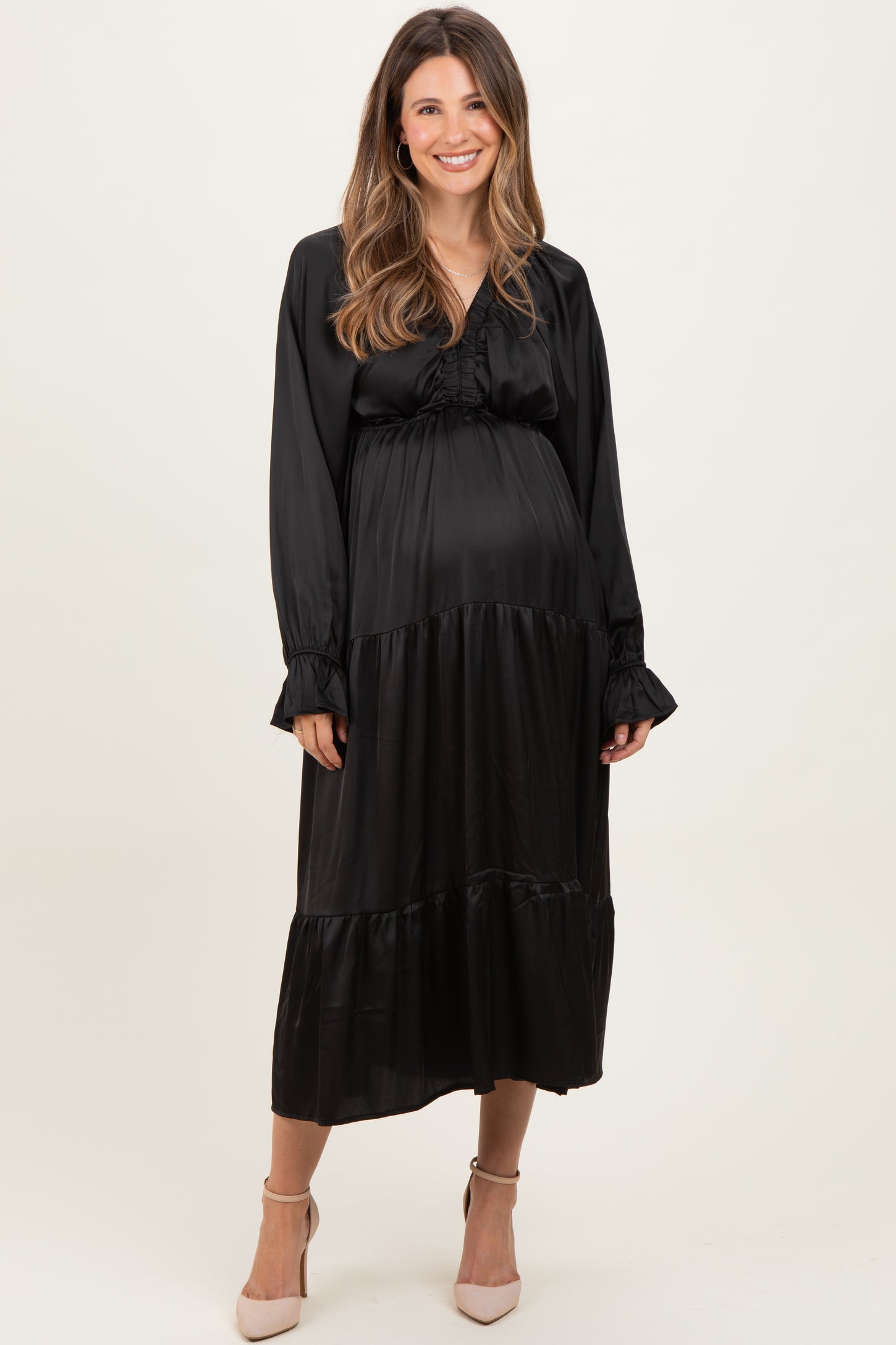 Black Solid V-Neck Satin Long Sleeve Maternity Maxi Dress