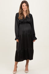 Black Solid V-Neck Satin Long Sleeve Maternity Maxi Dress