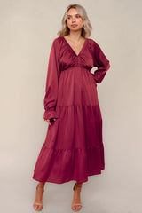Burgundy Solid V-Neck Satin Long Sleeve Maternity Maxi Dress