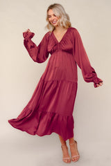 Burgundy Solid V-Neck Satin Long Sleeve Maxi Dress