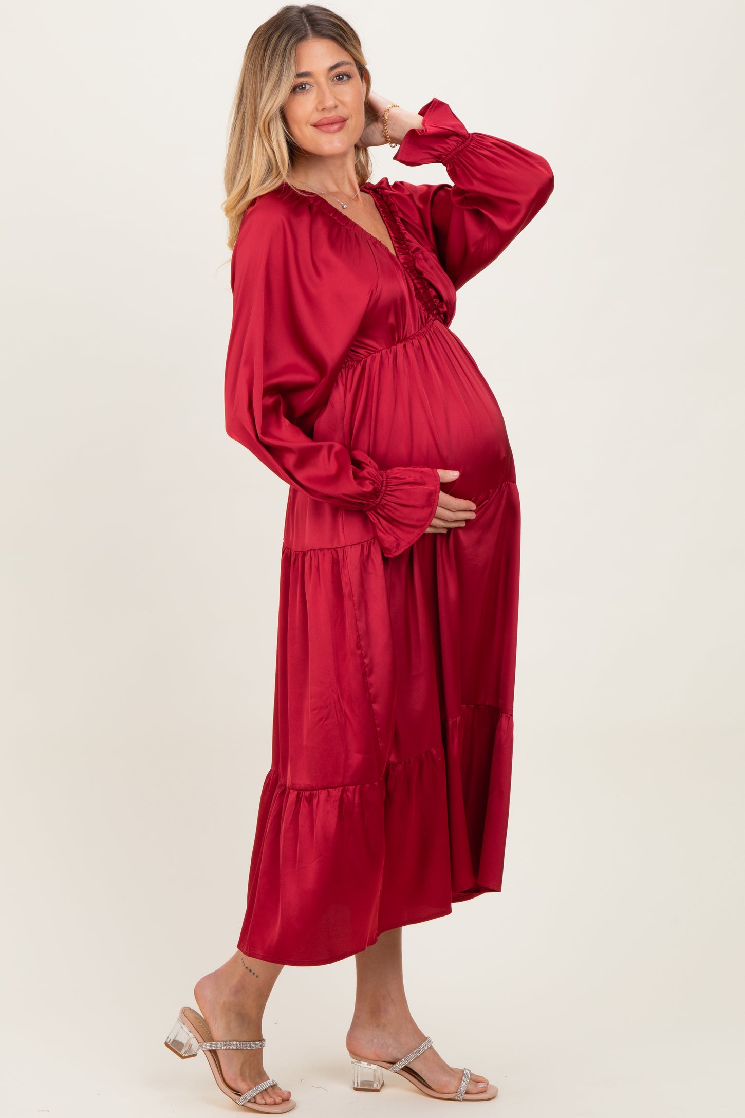 Burgundy Solid V-Neck Satin Long Sleeve Maternity Maxi Dress
