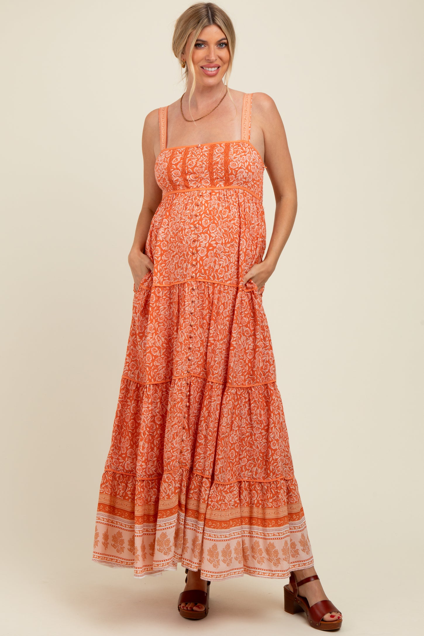 Orange Border Print Sleeveless Maternity Maxi Dress