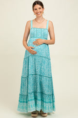 Aqua Border Print Sleeveless Maternity Maxi Dress